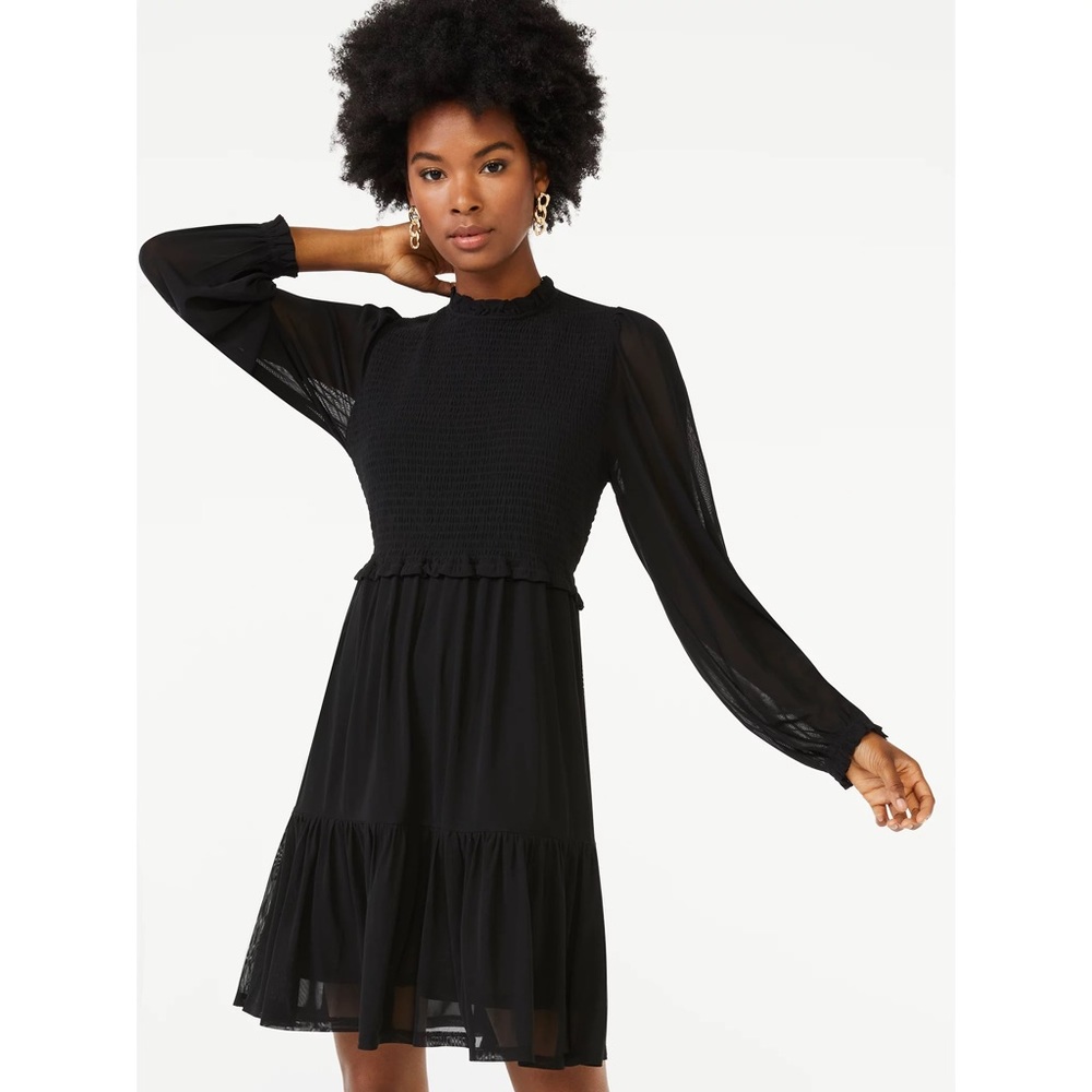 Scoop Women's Smocked Short Dress with Long Sleeves